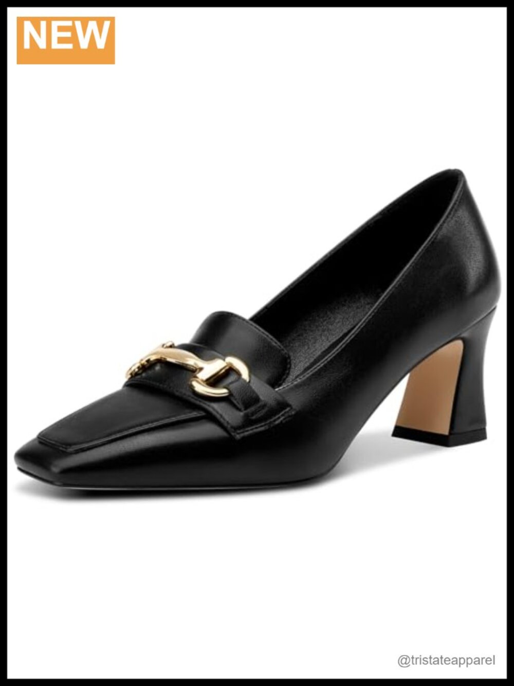 Heeled Loafers Women Square Toe Chunky Block Mid Heel Pumps Slip-On Metal Chain